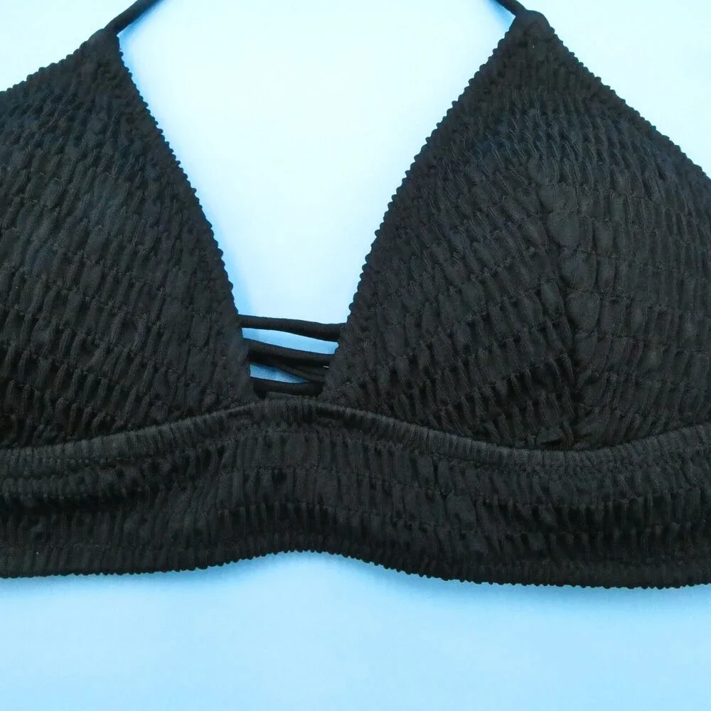 Victorias Secret Medium Black Triangle Halter Ruched Fabric Bikini Top Swimwear‎